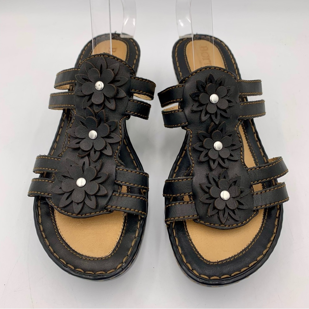 Born Leather Sandals Size 9M‎ Flower Cut Out Slip On Wedge Black Platform EUC